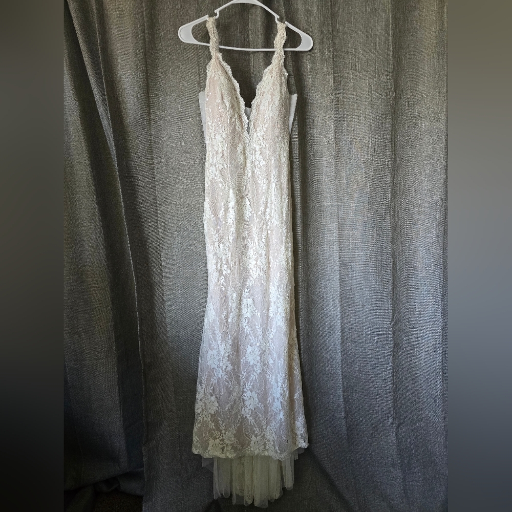 Xscape Wedding Dress Size 8 White Lace Sequin Mermaid Deep V Neck Mesh